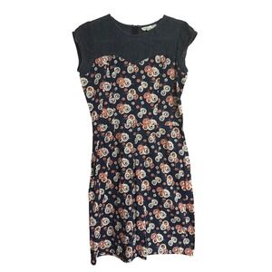 Mata Traders Navy Blue Floral Cotton Lace Yoke Sleeveless Dress Medium